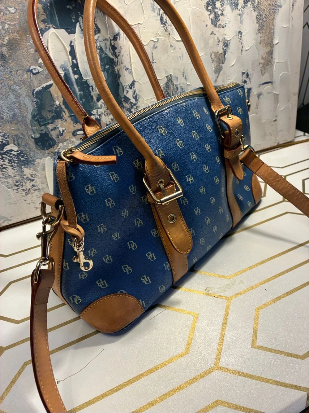 EUC Vintage Dooney and Bourke Blue Monogram Satchel with Tan Trim
